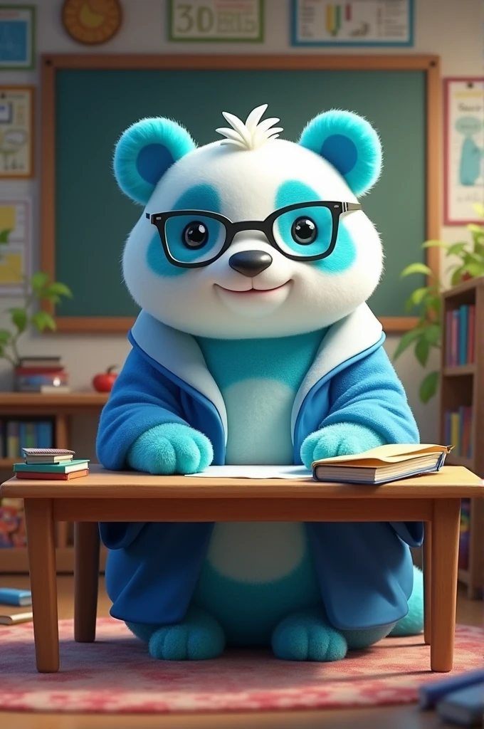 A blue sitting gummy panda that is a teacher 