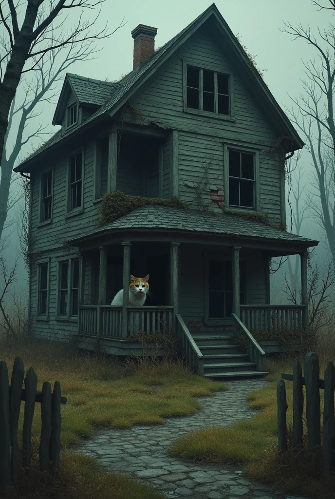 The Abandoned House
Visual: A dilapidated, old house with broken windows and a sagging roof, overgrown with weeds. A mother cat with a visibly pregnant belly peeks out from behind a corner.
Mood: Desolate and somber, with a sense of abandonment.