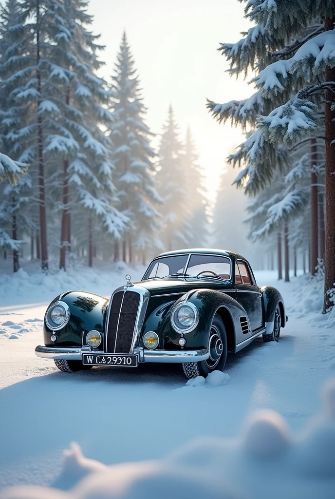 Vintage benz with trees and snow white