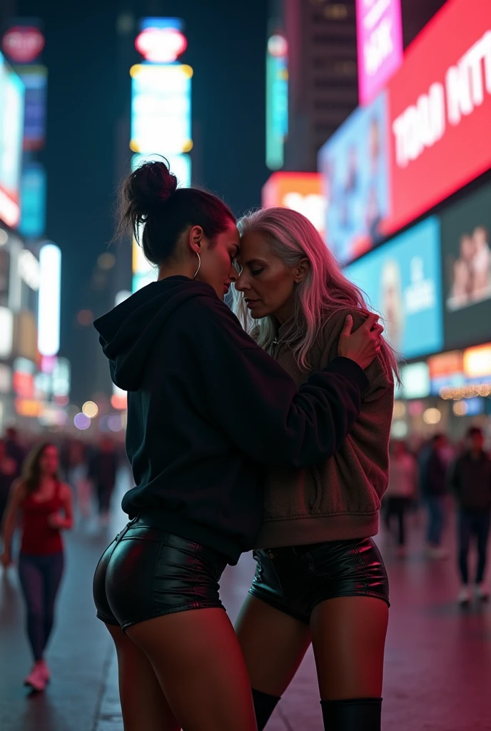 black woman hair in a bun black hoodie black leather short shorts old ugly woman standing behind her up against her wearing a dress with her arms around her waist kissing her neck           time square new york city