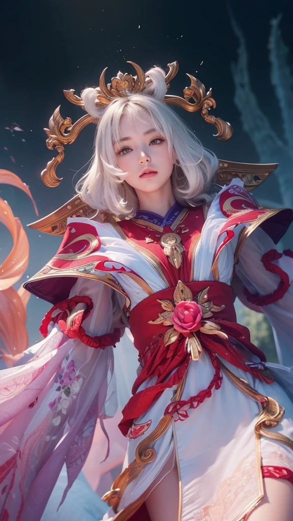 (Ultra Real), (Illustration), (High Resolution), (8K), (Very Detailed), (Best Illustration), (Beautiful Detailed Eyes), (Best Quality), (Super Detailed), (Masterpiece), (Wallpaper), (Detailed Face), Solo, (Dynamic Pose), One Girl, White Wavy Hair on the Bed, Losing Clothes, Japan Person, Iris Colored Eyes, (((Very Thin, Small and Short Night Dress)), Medium breasts, long legs, best ride of legs, (without panties), (without bra)