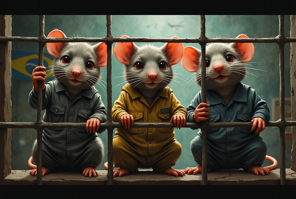 Several rats trapped, Behind the grid, working on a work routine, with a street sweeper&#39;s outfit, another in a mechanic&#39;s outfit and another in a cleaner&#39;s outfit, with tears falling from the eyes, work card with the Brazilian flag in the background 
