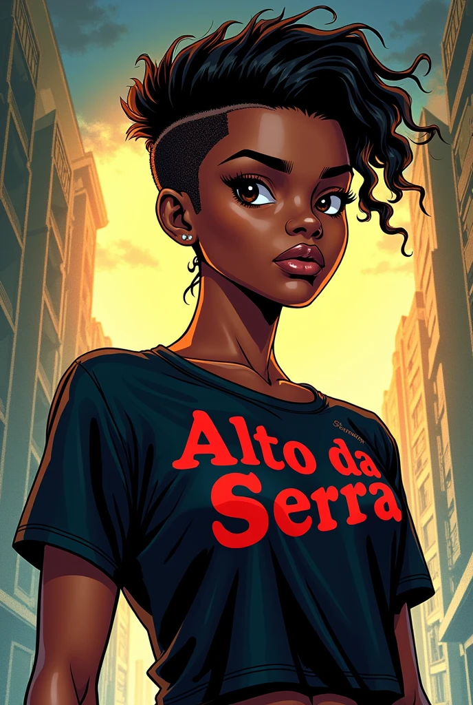 comic book style 20 year old black woman mysterious expression with styled hair and undercut with black eyes kind of dyke also very sporty, excellent swimmer wearing a summer camp t-shirt that says Alto da Serra in dark red, dc comics style, dc comics style