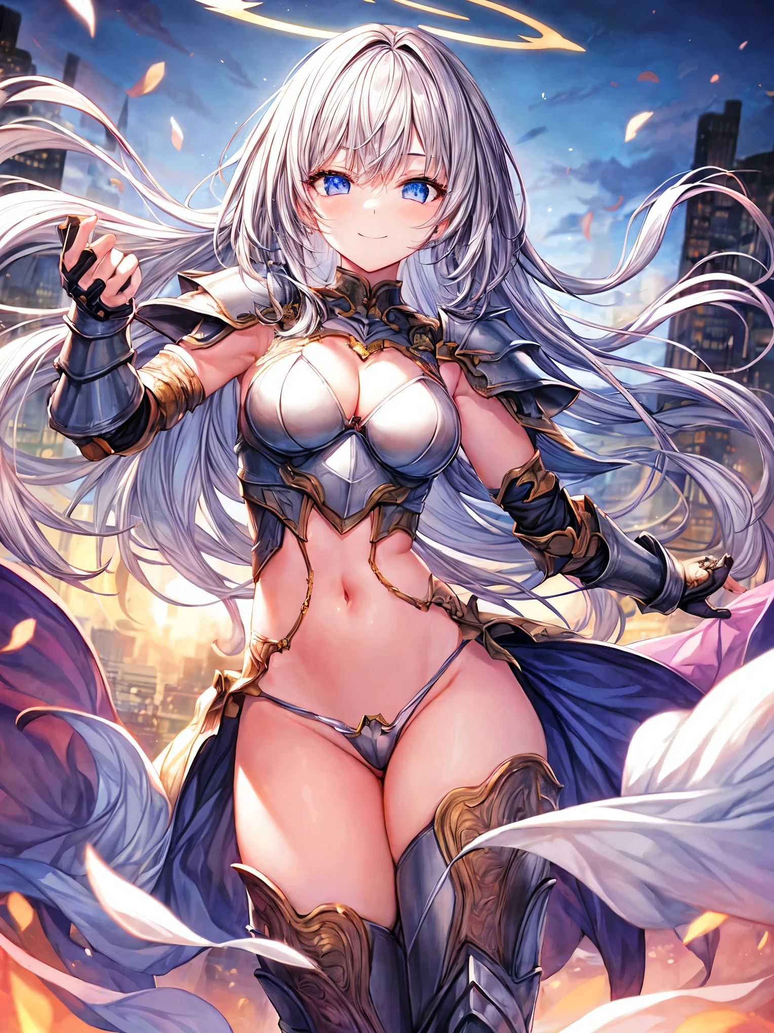 fantasy, 1angel_girl,(young_:1.5), ,brown_hair, medium_bob_hair, long_bangs, halo,bare_shoulder,thighhighs,silver_armor, waist_armor, large_breasts,1pair_wings, dynamic_pose_fighting,floating, bare_crotch, headgear,gauntlet, greaves,city_landscape_background,slightly_spread_legs, solo, groin_naked,smile,(covered_nipples:0.8)