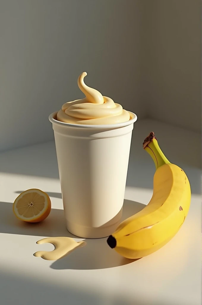 Generate an image of a disposable cup with cream and banana that looks very provocative