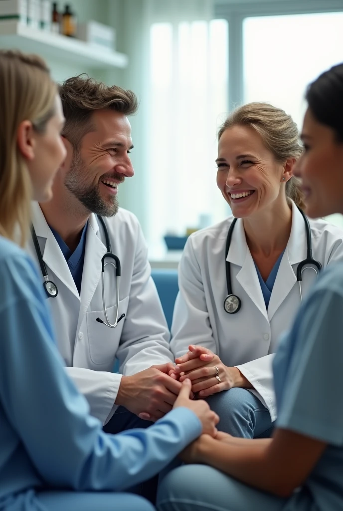 Doctors smiling and talking to patients in the treatment room 