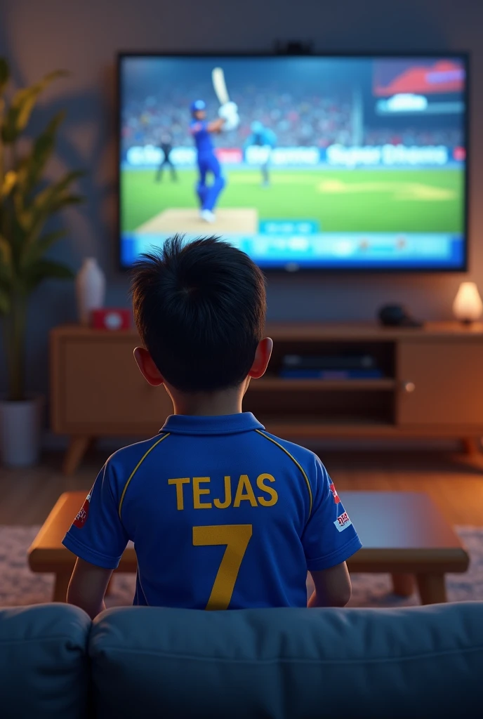 Generate an image in which a  boy wearing csk jersey watching MS DHONI batting in TV. In the jersey name TEJAS will be written . Jersey number will be 7