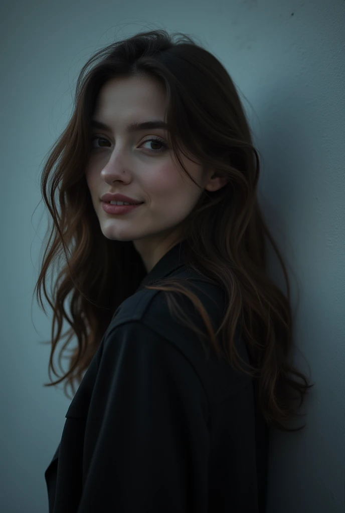 21 years girl, brown hair, smile, skinny face, white wall, no decoration, looking smiling , photo from behind, at night, dark mood