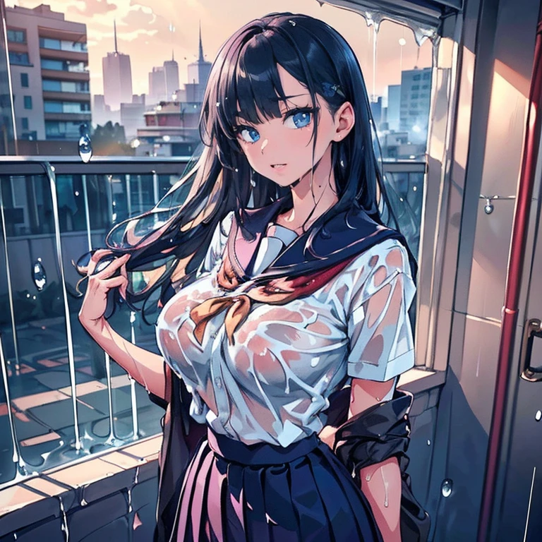 Anime Waifu beautiful detailed eyes, beautiful detailed lips, extremely detailed eyes and face, longeyelashes, 1girl, sensual, young woman, medium breasts, beautiful feminine face, nice thighs, slim, sexy, erotic, beautiful clothes, perfect body, cinematic lighting and framing, (best quality,4k,8k,highres,masterpiece:1.2),ultra-detailed,digital painting,portrait,glamorous,highly detailed,soft lighting,warm color tones , (beautiful girl: 1.3),1girl,masterpiece, Highest quality, Ultra-high resolution,rich contrast,super high quality,8k,Highly detailed CG unit wallpaper,texture,Incredibly absurd,Ultra-high resolution,RAW Photos,Depth of Field 1.2,overlooking,(magnificent panorama view:1.3),(High School Uniform&Pleated skirt:1.5),Black Hair,Crown braid,Ultra-detailed eyes,(sensuous),Glowing Skin,loafers,leaves dripping with rain,sunlight through trees,post-rain aroma,Her jacket is open and her breasts are exposed,blush,Sigh,look up,(((Wet))),((Large Breasts)),After the Rain,pencil drawing
