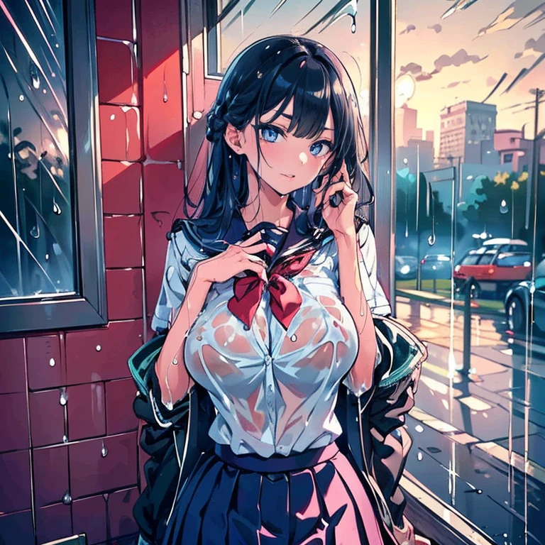 Anime Waifu beautiful detailed eyes, beautiful detailed lips, extremely detailed eyes and face, longeyelashes, 1girl, sensual, young woman, medium breasts, beautiful feminine face, nice thighs, slim, sexy, erotic, beautiful clothes, perfect body, cinematic lighting and framing, (best quality,4k,8k,highres,masterpiece:1.2),ultra-detailed,digital painting,portrait,glamorous,highly detailed,soft lighting,warm color tones , (beautiful girl: 1.3),1girl,masterpiece, Highest quality, Ultra-high resolution,rich contrast,super high quality,8k,Highly detailed CG unit wallpaper,texture,Incredibly absurd,Ultra-high resolution,RAW Photos,Depth of Field 1.2,overlooking,(magnificent panorama view:1.3),(High School Uniform&Pleated skirt:1.5),Black Hair,Crown braid,Ultra-detailed eyes,(sensuous),Glowing Skin,loafers,leaves dripping with rain,sunlight through trees,post-rain aroma,Her jacket is open and her breasts are exposed,blush,Sigh,look up,(((Wet))),((Large Breasts)),After the Rain,pencil drawing