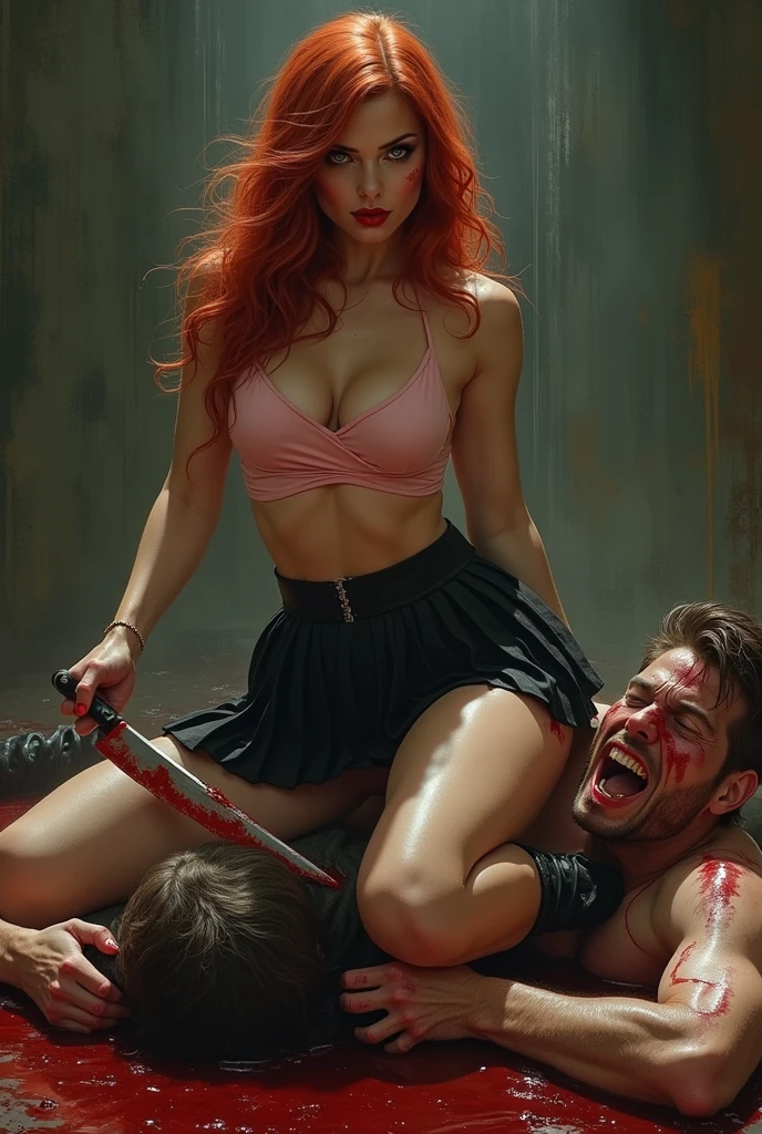 Ginger haired villainess with emerald eyes wearing a plaid pleated miniskirt and tight punk rock band top, a smile across her thin red lips, hurting a handsome male hero with red hair, wearing a white and black full body skintight costume who is crying in pain and bleeding profusely from multiple wounds. Blood, death, torture, sadism, evil, villainy, knives, chains and killing.