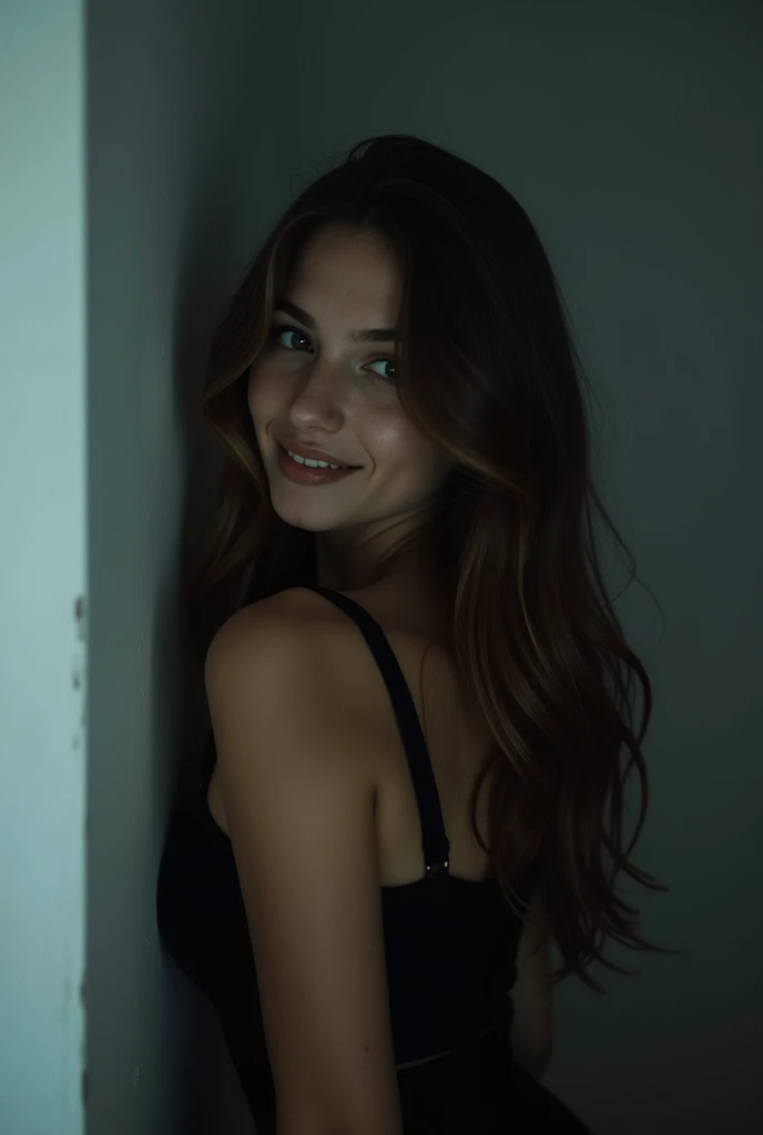 21 years girl, brown hair, smile, skinny face, white wall, no decoration, looking smiling , photo from behind, at night, dark mood