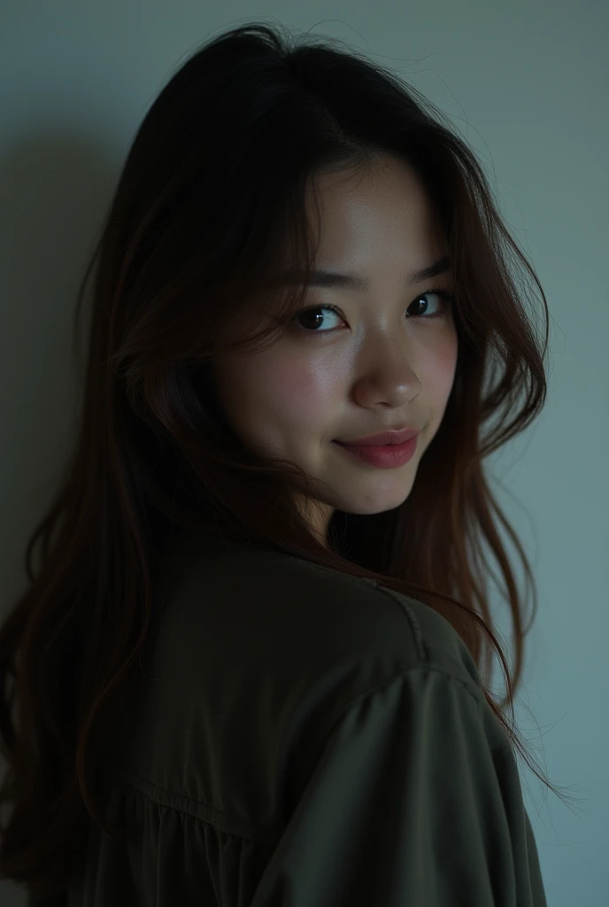 21 years girl, brown hair, smile, skinny face, white wall, no decoration, looking smiling , photo from behind, at night, dark mood
