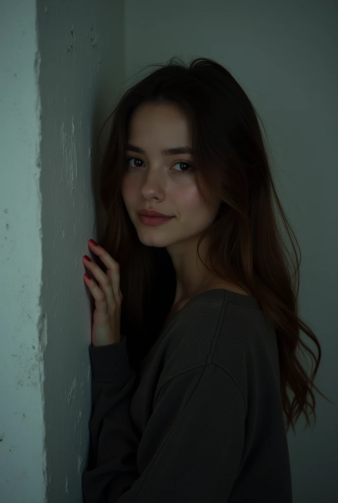 21 years girl, brown hair, smile, skinny face, white wall, no decoration, looking smiling , photo from behind, at night, dark mood