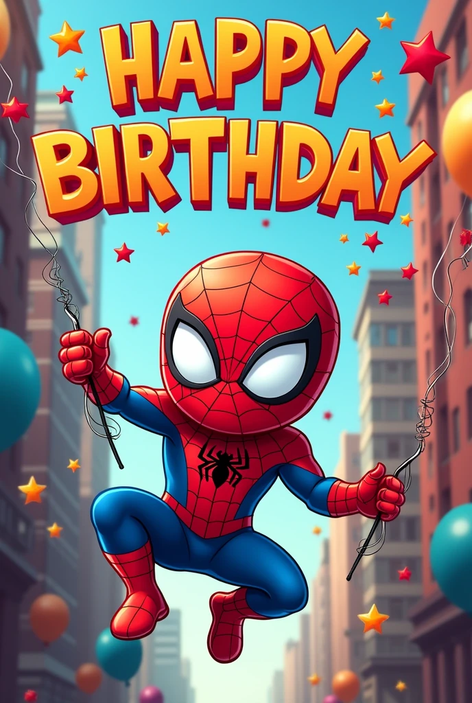 Create a playful and highly decorated birthday card for kids featuring Spider-Man reimagined as an adorable, clever spider. The design should show this spider version of Spider-Man in his iconic red and blue costume, swinging from a web in a lively, colorful cityscape. Surround him with fun decorations like comic-style speech bubbles, stars, and web patterns. The card should include a bold, energetic birthday message in a vibrant, cartoonish font, with festive elements like balloons, confetti, and streamers, all enhancing the joyful and dynamic feel, perfect for a young Spider-Man fan
