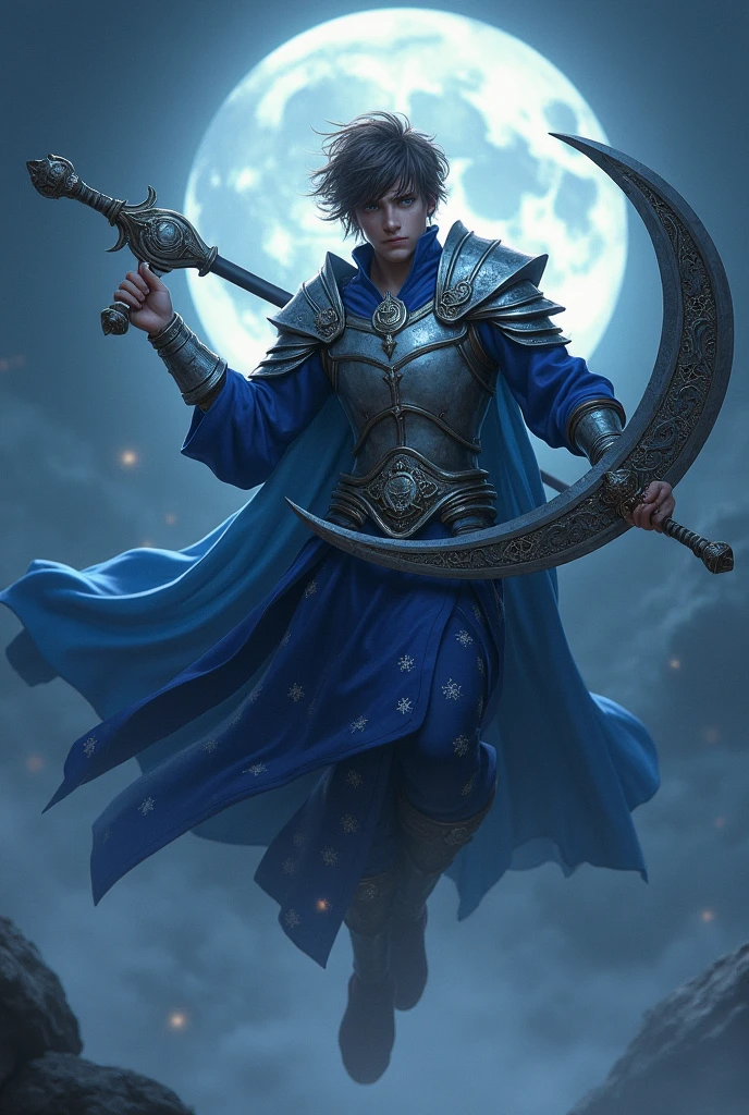 A Handsome Boy Wear a silver Armor Sixpack,use A Long Blue Robe with Star and Moon Pattern,Messy Hair Hairstyle,Brown gradient Grey Hair,Carrying a Big Death Scythe Shaped like a crescent moon And Big long Curved Sword with moon Ornament,Flying at The sky,Illuminated by the moonlight at night,And surrounded by nighttime fog