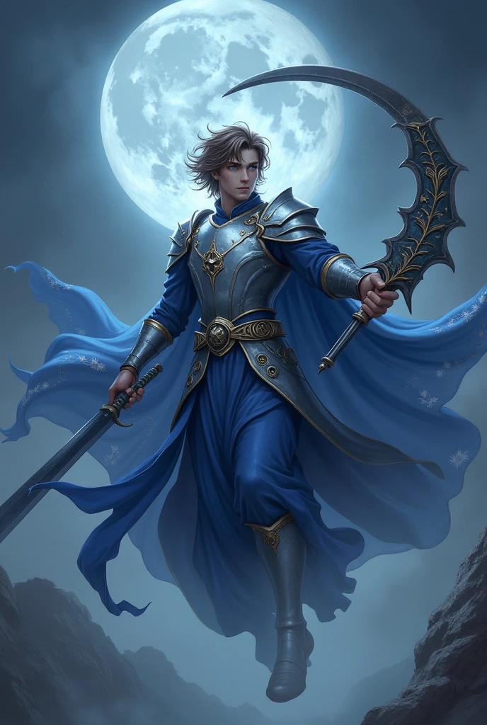 A Handsome Boy Age 17 Wear a silver Armor Sixpack,use A Long Blue Robe with Star and Moon Pattern,Messy Hair Hairstyle,Brown gradient Grey Hair,Carrying a Big Death Scythe Shaped like a crescent moon And Big long Curved Sword with moon Ornament,Flying at The sky,Illuminated by the moonlight at night,And surrounded by nighttime fog
