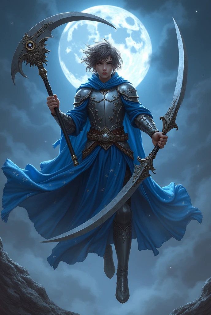 A Handsome Boy  Wear a silver Armor Sixpack,use A Long Blue Robe with Star and Moon Pattern,Messy Hair Hairstyle,Brown gradient Grey Hair,Carrying a Big Death Scythe Shaped like a crescent moon And Big long Curved Sword with moon Ornament,Flying at The sky,Illuminated by the moonlight at night,And surrounded by nighttime fog