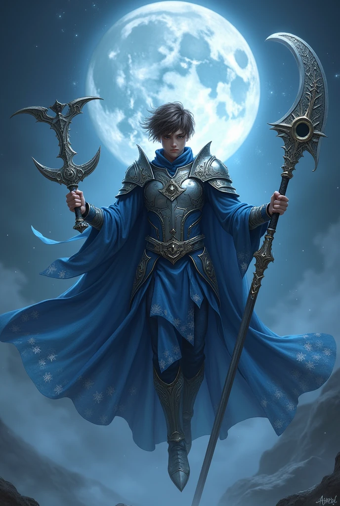 A Handsome Boy  Wear a silver Armor Sixpack,use A Long Blue Robe with Star and Moon Pattern,Messy Hair Hairstyle,Brown gradient Grey Hair,Carrying a Big Death Scythe Shaped like a crescent moon And Big long Curved Sword with moon Ornament,Flying at The sky,Illuminated by the moonlight at night,And surrounded by nighttime fog