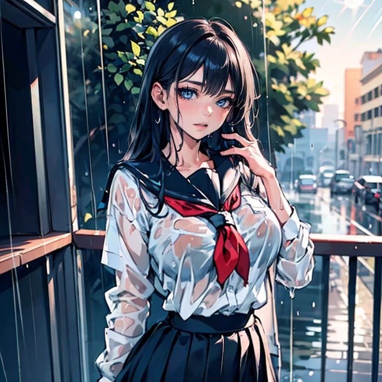 Anime Waifu beautiful detailed eyes, beautiful detailed lips, extremely detailed eyes and face, longeyelashes, 1girl, sensual, young woman, medium breasts, beautiful feminine face, nice thighs, slim, sexy, erotic, beautiful clothes, perfect body, cinematic lighting and framing, (best quality,4k,8k,highres,masterpiece:1.2),ultra-detailed,digital painting,portrait,glamorous,highly detailed,soft lighting,warm color tones , (beautiful girl: 1.3),1girl,masterpiece, Highest quality, Ultra-high resolution,rich contrast,super high quality,8k,Highly detailed CG unit wallpaper,texture,Incredibly absurd,Ultra-high resolution,RAW Photos,Depth of Field 1.2,overlooking,(magnificent panorama view:1.3),(High School Uniform&Pleated skirt:1.5),Black Hair,Crown braid,Ultra-detailed eyes,(sensuous),Glowing Skin,loafers,leaves dripping with rain,sunlight through trees,post-rain aroma,Her jacket is open and her breasts are exposed,blush,Sigh,look up,(((Wet))),((Large Breasts)),After the Rain,pencil drawing