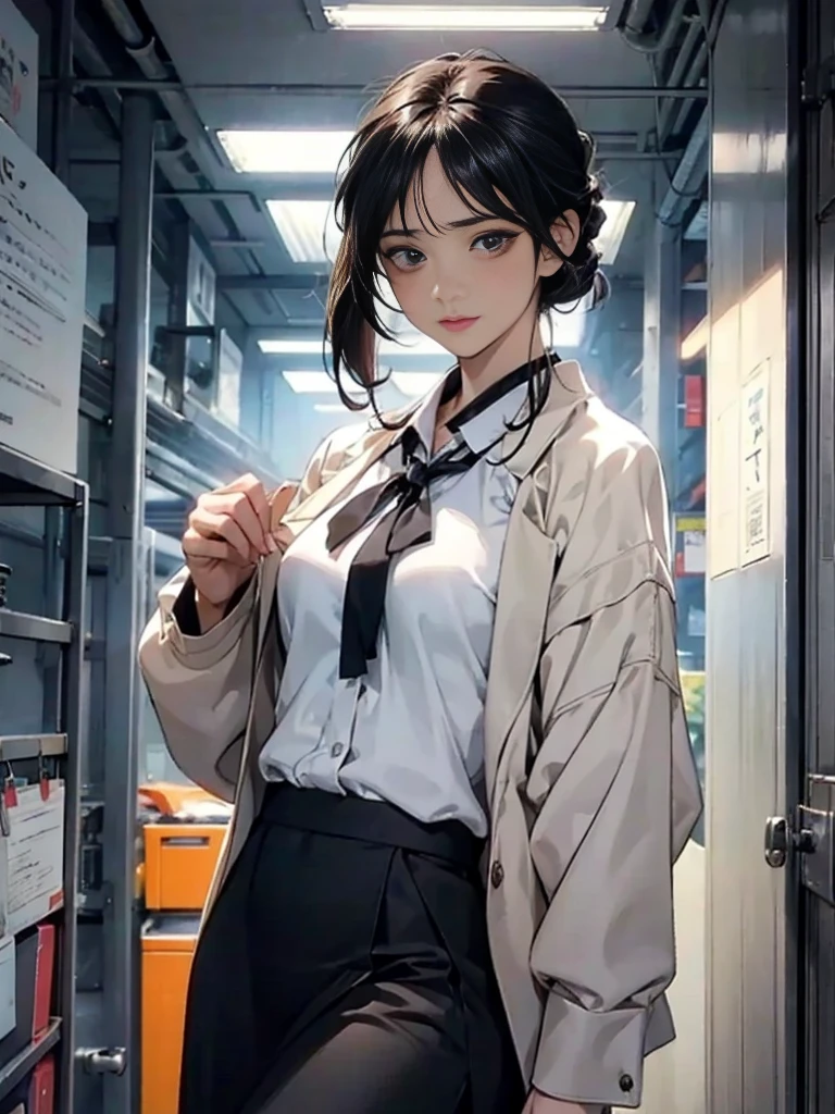 One adult woman with narrow eyes,career woman,Office Lady,Business suit,ブラウス,Jacket,ribbon,Tight skirt,pumps,lawyer,cool,gauze, Chanel,Forehead,Anatomically correct, accurate, masterpiece, Highest quality, Winner of numerous awards, Textured skin, retina, retina, Black Hair, Half-up hairstyle, solemn, Column Lineup,Cinematic light effects, Anime Style, Japanese illustration style, Half-up hairstyle, Very adult