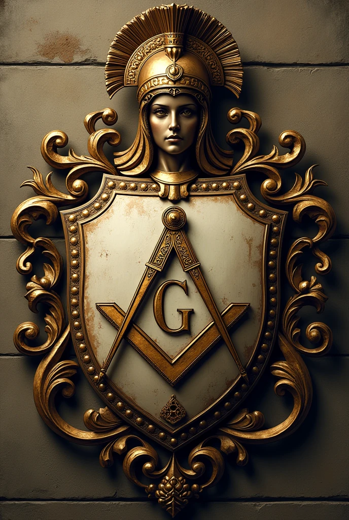 Create a coat of arms with the symbol of Freemasonry and the helmet of the Greek goddess Antenas, Medieval art