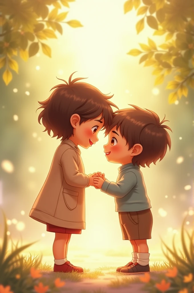 Two childs, standing together, watching each other happily, one childs hand is on another child's head