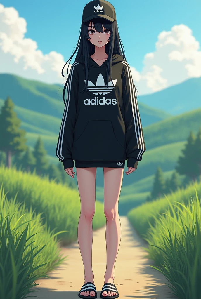 sexy tall anime girl, long black hair, black eyes, barefoot, wear black adidas cap, wear black adidas hood, wear black adidas hot pants, background is countryside