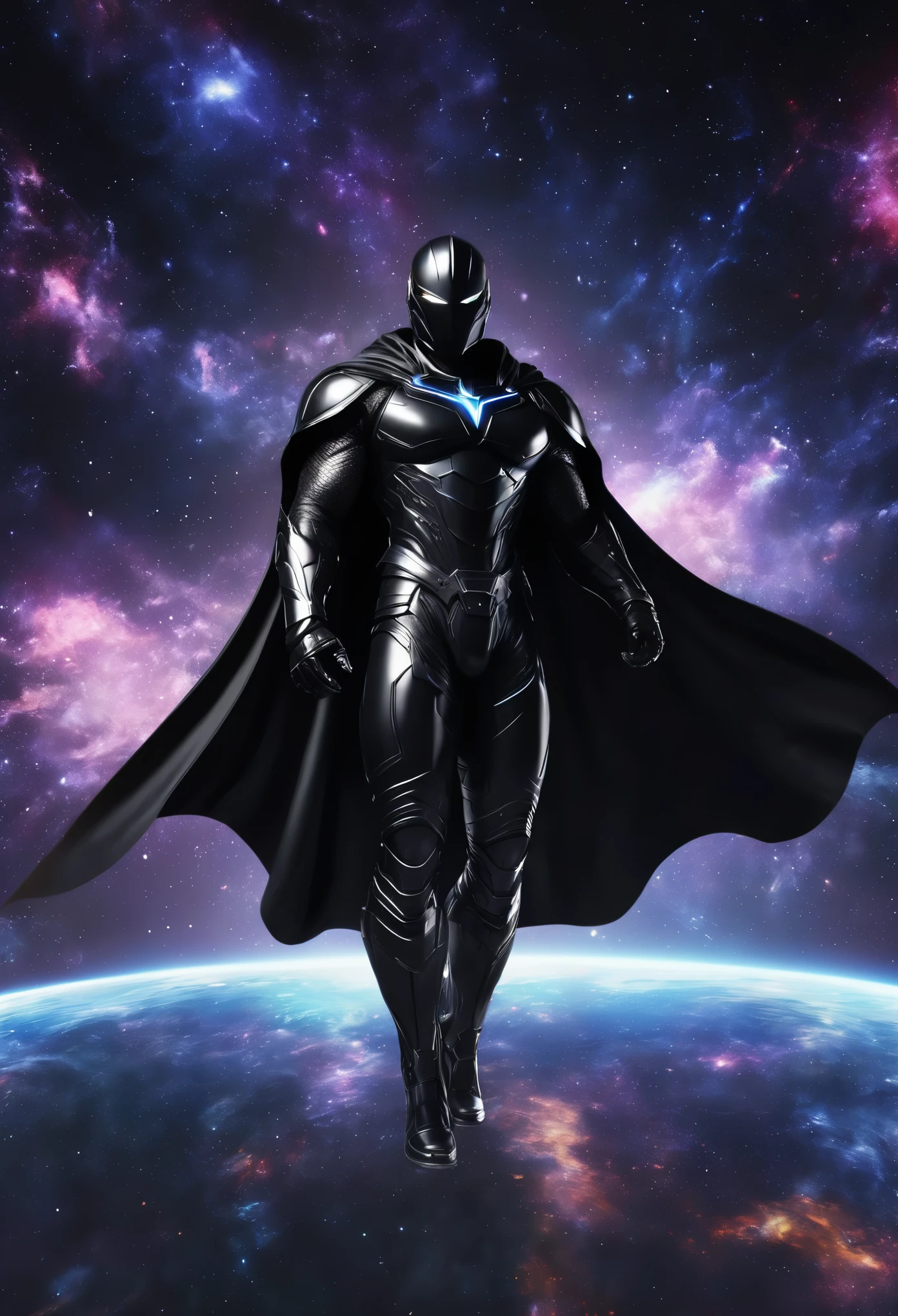 Super powerful black armored man with black cape, galaxy in your hands, animation 