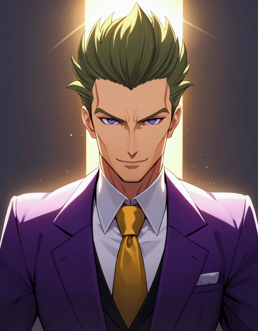 1man, (mature father in hentai anime style, dandy president, moss olive hair), darkblue eyes, arafed businessman hairstyle, spiked hair slicked back, ideal ratio body proportions, BREAK (over 40s, elder producer, toned dilettante, ordinary, high cheekbones, broad shoulder, square shaped face, handsome), BREAK (violet formal jacket, purplewhite shirt, yellow necktie, simple costume), BREAK solid smile, cool emotion, BREAK solo, upperlegs, smart expression, animated color, 2000s, visual novel, in nitroplus style, BREAK depth of field, dutch angle, cinematic shadows, cinematic lighting, lens flare, light leaks, texture, absurdres absolutely resolution, extreme all detailed, greatest painting, BREAK masterpiece, best quality,