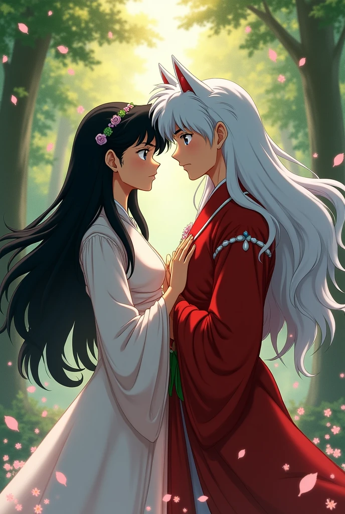 Kikyo and Inuyasha a boy with white hair and cat ears 