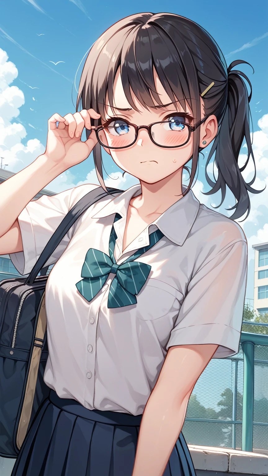 A girl, looks very gloomy, quiet girl, shy, blue eyes, black hair, school clothes, charming, looks shy, face slightly red, school roof background, hairpin, very shy and grumpy, 1, wears glasses, looks panicked, face flushed with embarrassment,