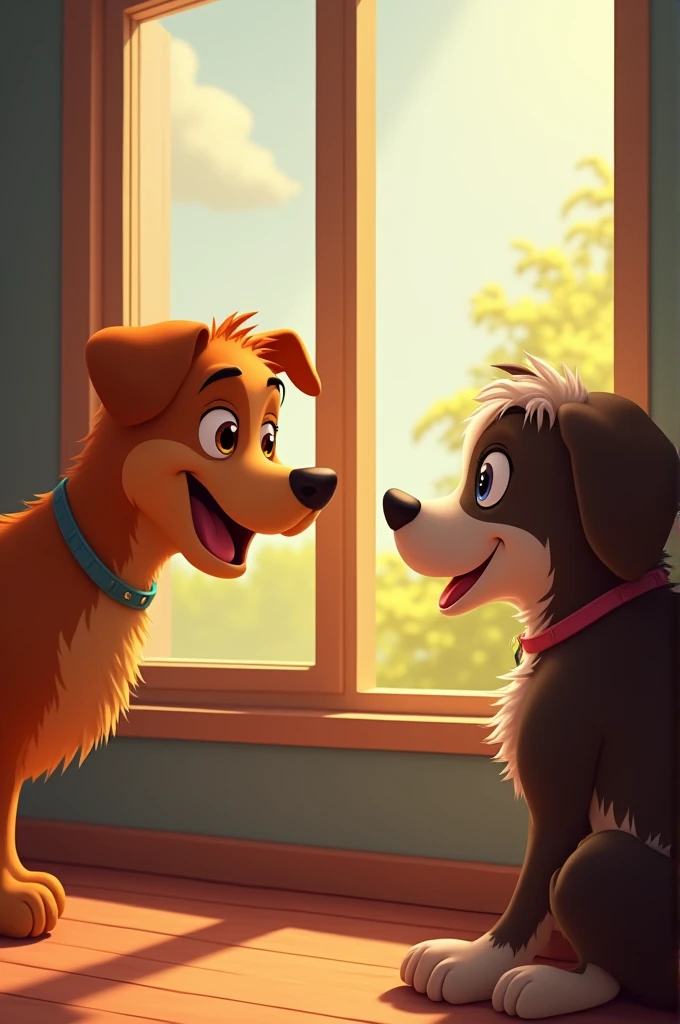 A playful dog named Max, with a wagging tail, notices Bella's struggle at the window. Max’s head is peeking around the window frame, showing curiosity."