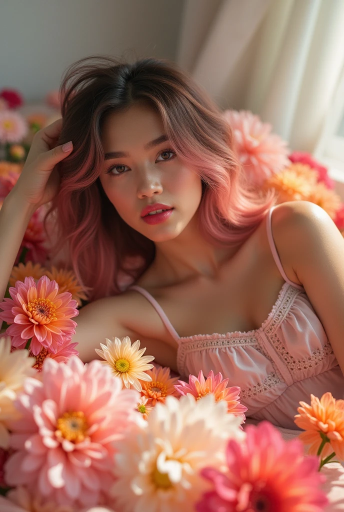 young mexican latina woman, eye dreamy beauty in her twenties. tanned, beautiful skin, cherry lips, she is lying amongst many colorful flowers and looking at us with very beautiful eyes. Her hair is pink and shoulders length, pink hair, pink hair. She is wearing a pastel-colored nightgown. Living room background white colors