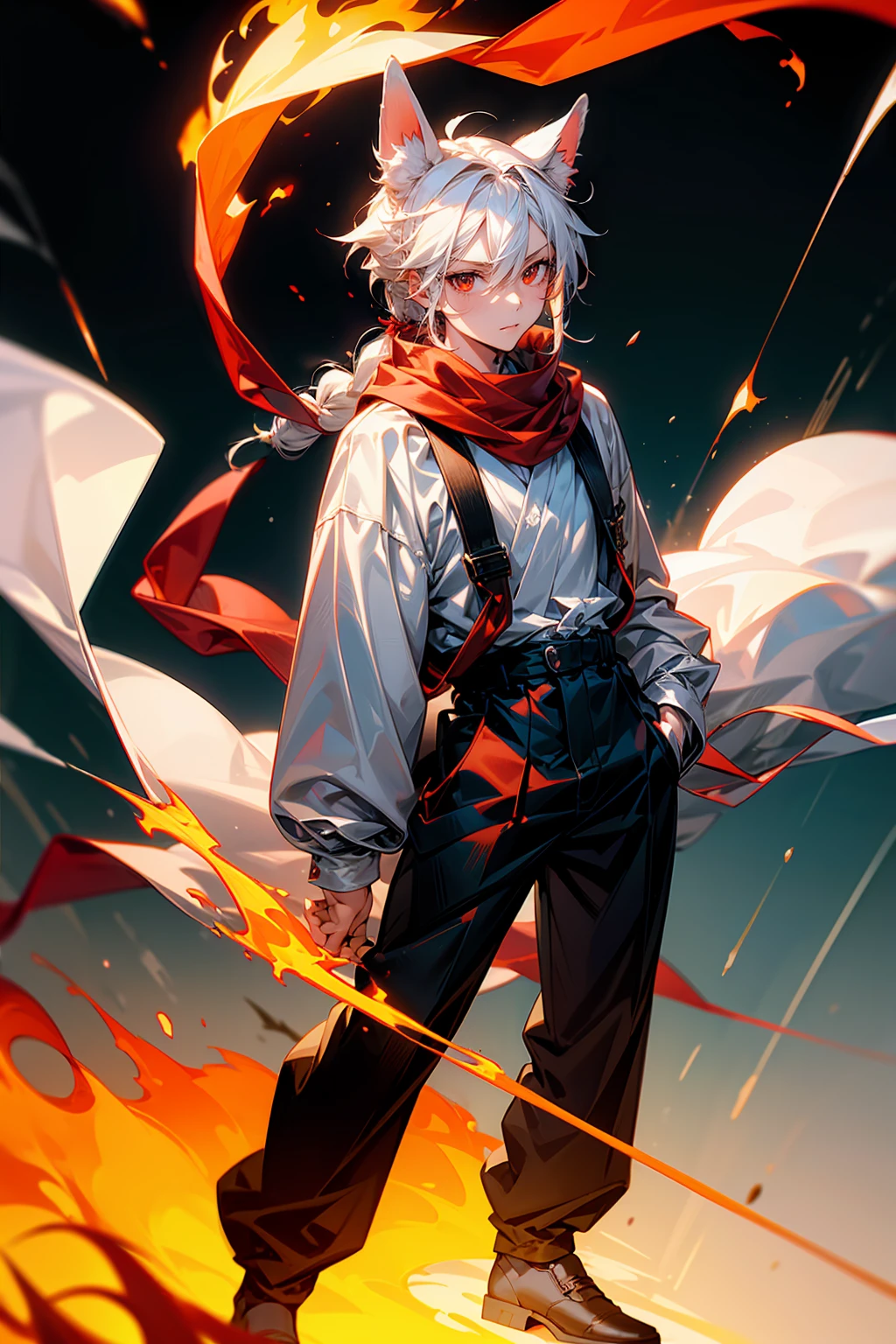 1male, Adult, Long White Hair, White Baggy Long Sleeve Shirt, Baggy Black Pants, Red Eyes, Red Scarf, Earring, Masculine, Surrounded By Flames, Single Hair Braid, Standing On Path, Dog Ears