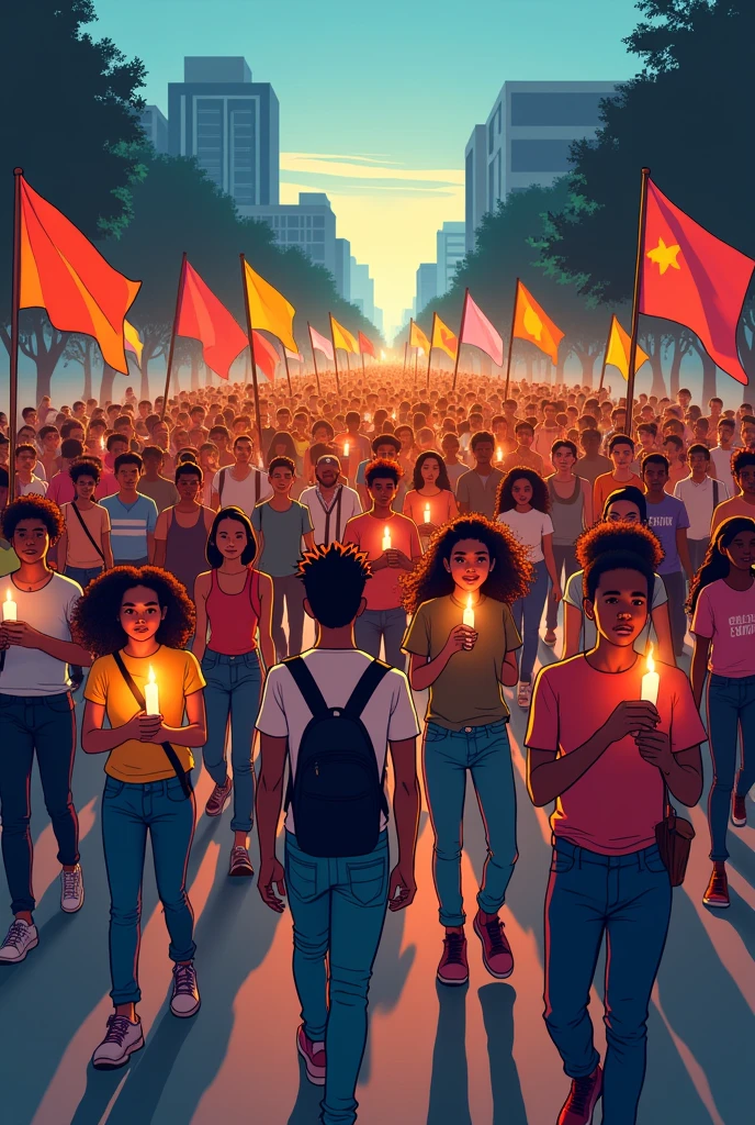 a group of young people organizing a march with candles and flags in colorful design


