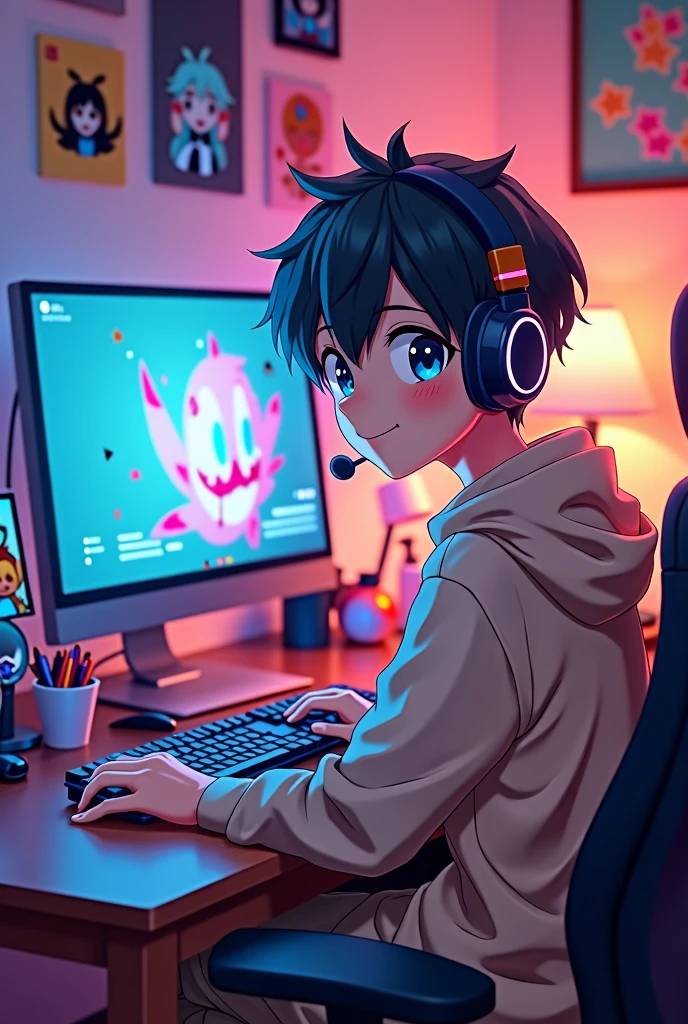 An anime character broadcasting in front of a computer