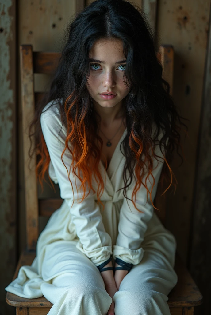 Create an image: a beautiful ******* girl sitting on a chair with her legs and wrists tied, she has black hair, curly and long and some orange highlights,Her eyes are blue and she is wearing white clothes covering her entire body. She is in a wooden room.