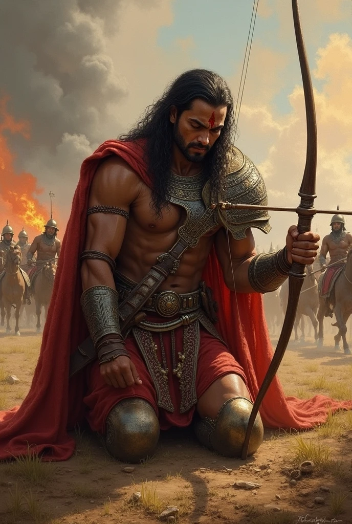 Arjuna in confusion on his knees in the battlefield of mahabharata