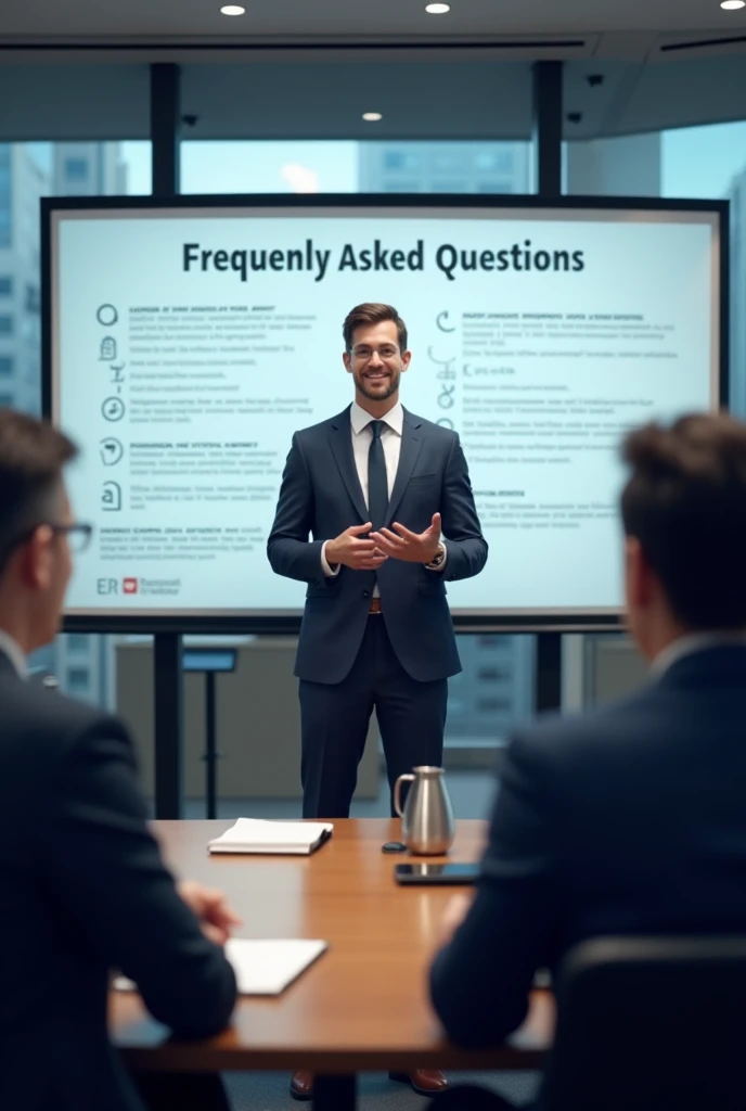 Frequently asked questions discuss in a business meeting with one man presenting 

