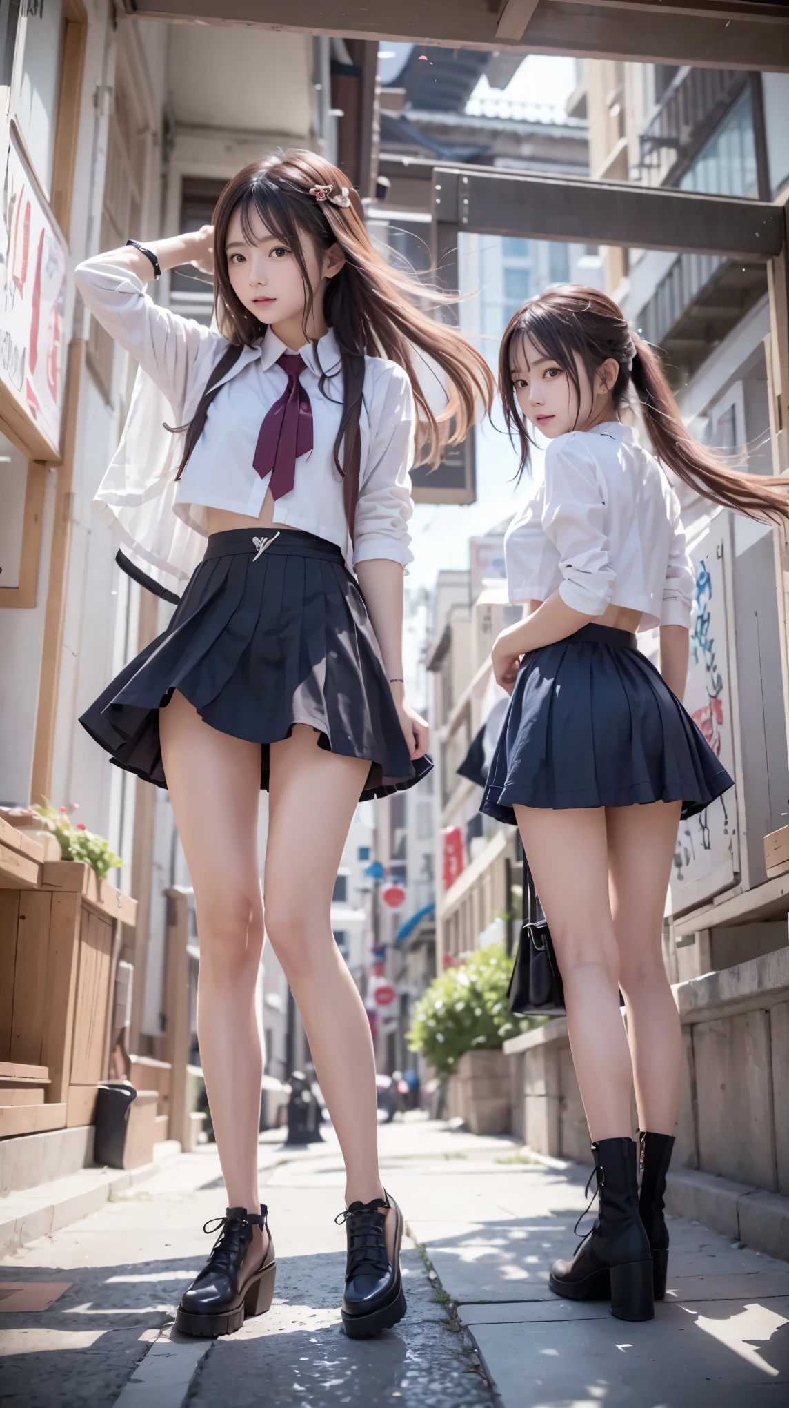 (((Two innocent and cute high school girls standing in a futuristic city:1.2))), (The strong wind made their skirts flutter:1.4), (((I can see your underwear:1.2))), Beautiful straight hair, Brown Hair, Immersion, Beautiful Eyes, ((Thin thighs, Inner thighs:1.2)), Slender body line, ((Tight waist:1.2)), (Japanese Idols, Baby Face,  beautiful girl), (Perfect Anatomy:1.2), Beautiful breasts, Beautiful buttocks, (Highest quality、Highest quality、Masterpiece、Ultra high definition、Reality:1.37), (Detailed eyes and face:1.3、Professional photography techniques)、(Detailed hands:1.2、The right move:1.1)、((Beautiful hair and skirt fluttering in the wind:1.3)), (((mini skirt)))