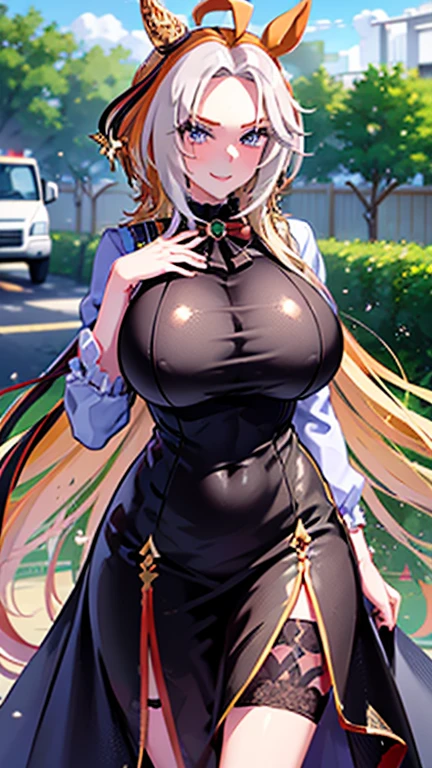 1girl, solo, masterpiece, best quality, detailed face, face focus, huge breasts, hanging breasts, gigantic breasts, navel, (lace trimmed black lingerie), looking at viewer, smile, cleavage, shiny skin, (netorare, cuckold, NTR, Vulgarity), door opening, at front door, BREAK Mejiro McQueen, horse ears, horse girl, long hair, mejiro_mcqueen_\(umamusume\), purple eyes, ear_ribbon, parted bangs, BREAK 1boy, (((couple))), (wife and husband:1.3), husband is black man