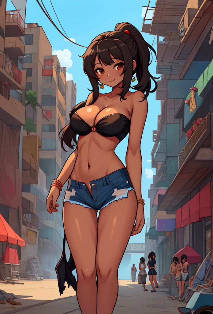 1girl,gyaru,bishoujo,Southeast Asia,teen,brown_skin,tan,skinny,thin,inverted triangle face,oval face,black hair,straight_hair,medium hair,brown eyes,just shoulders,collarbonea,big Breasts，underboob，Cleavage，big breasts,cleavage,narrow_waist,Slender_waist,midriff,belly,navel,strapless_Bikini,Bikini_top_only,Side_slit,micro_shorts,shorts,hot_pants,denim_shorts,open_fly,torn_pants,torn_shorts,torn_jeans,just_Legs,sneakers,smile,huge filesize,In summer,day,shanty town/slum,Under_bridge,city,crowd,tropical zone,panorama,Wide_shot,full_shot,midriff_peek,pussy_peek,looking_at_viewer,messy hair，No underwear