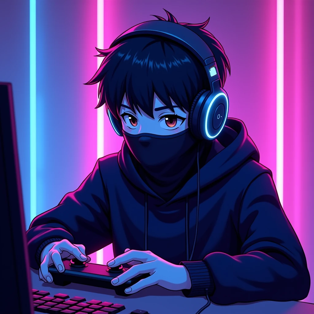 ((best quality)), ((masterpiece)), ((anime)), ((Detailed)), ((cartoon)),A 20 year old young boy wear black colour cloth mask on face and headphones and playing game in his video game device his purple and blue neon background, white neon outline on his body  8k UHD, 