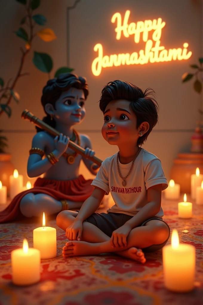 Design an image of a stylish 1 boy named ‘Shivam Rathour’ sitting with Lord Krishna in a softly lit room, filled with candles. Rajan is barefoot, wearing a modern t-shirt with his name ‘Rajan’ written on it. Lord Krishna is holding his flute, and in the background, the words ‘Happy Janmashtami’ glow warmly, creating a peaceful and divine ambiance.”