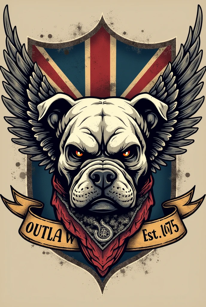 **T-Shirt Logo Design Prompt:**
Design a detailed and bold t-shirt logo in a tattoocore style with a vintage, rugged look. At the center of the design, place an intricately detailed skull of an angry British bulldog. The skull's jawline should be partially obscured by a tattered bandana adorned with a small, intricate paisley pattern, contributing to a rebellious, outlaw aesthetic. Behind the skull, depict a set of evil angel wings, detailed and slightly menacing.
The entire design should be framed within a distressed, vintage-style British flag starburst, which adds to the gritty, aged look. Above the skull, include a weathered, slightly curved banner with frayed edges that reads 'OUTLAW' in bold, capital letters. The lettering should be distressed to appear worn and rugged. Below the skull, mirror this with another upward-curving banner displaying 'est. 1975' in the same style.
Incorporate a grunge texture throughout the design, featuring cracked lines, faded areas, and uneven inking to emphasize a sense of age and wear. The overall aesthetic should resemble a classic biker emblem, with a hand-drawn, vintage tattoo art style. Add subtle shadowing to give the design depth and make it stand out, capturing a timeless, rebellious attitude. The final result should be a striking, memorable logo that embodies a rugged, outlaw spirit.