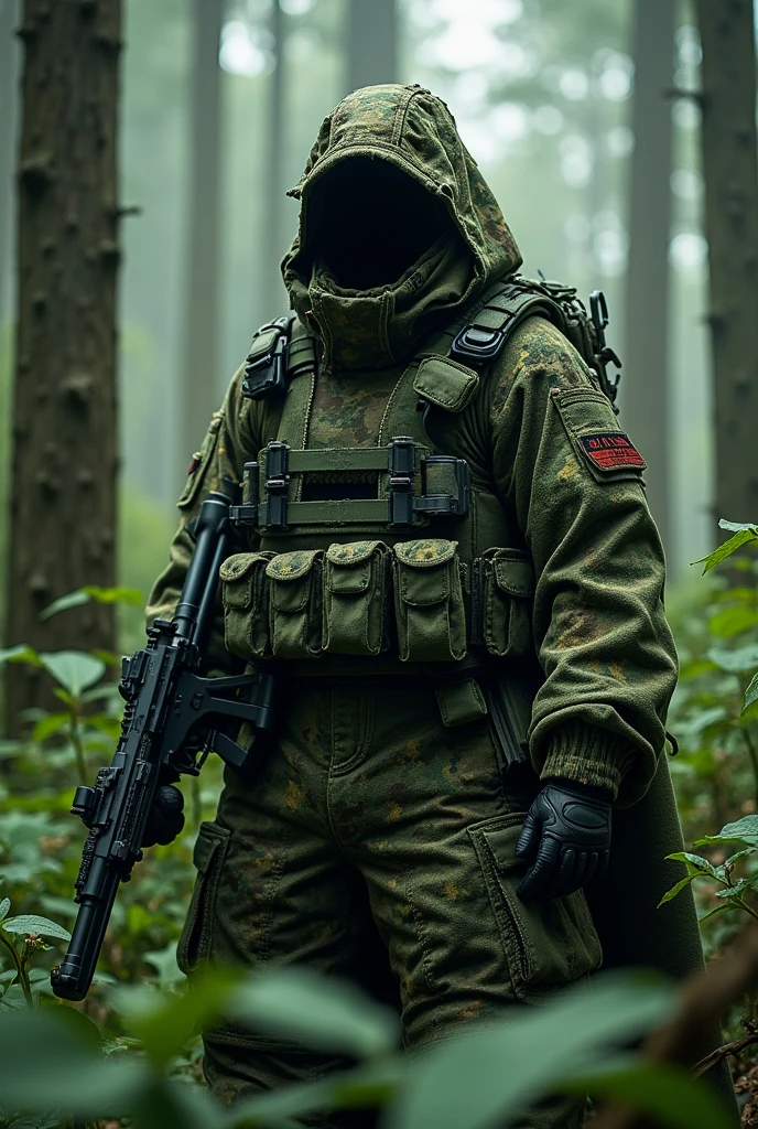 Overly designed for the most perfect forest blending in, camoflauging, bulky and high profile dystopian military poncho and gear and ghillie that seems like almost undetectable