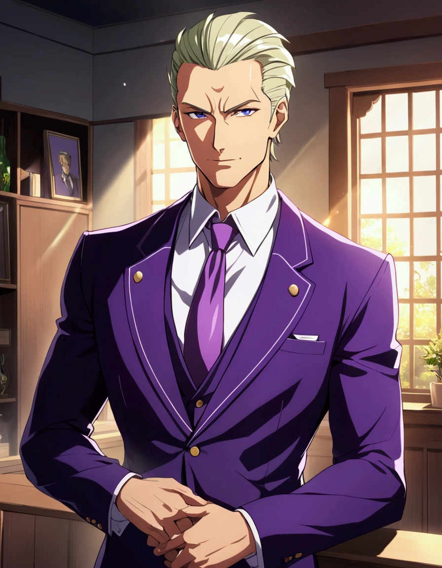 1man, (mature father in hentai anime style, dandy president, olive hair), darkblue eyes, arafed businessman hairstyle, spiked hair slicked back, ideal ratio body proportions, BREAK (over 40s, elder producer, toned dilettante, ordinary, high cheekbones, broad shoulder, square shaped face, handsome), BREAK (violet formal jacket, purplewhite shirt, yellow necktie, simple costume), BREAK solid smile, cool emotion, BREAK solo, upperlegs, smart expression, animated color, 2000s, visual novel, in nitroplus style, BREAK depth of field, dutch angle, cinematic shadows, cinematic lighting, lens flare, light leaks, texture, absurdres absolutely resolution, extreme all detailed, greatest painting, BREAK masterpiece, best quality,