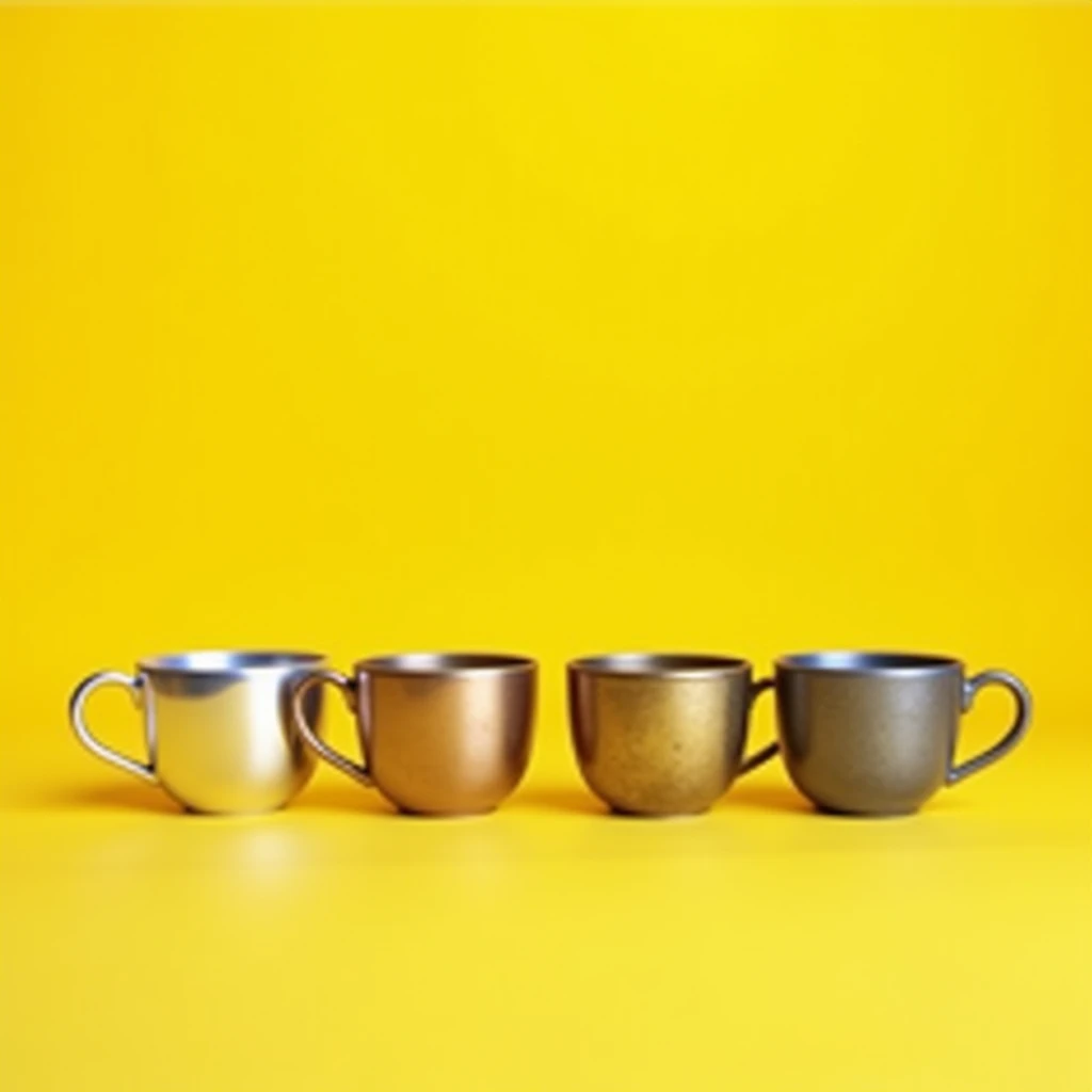 "Four cups of tea are placed facing each other like multiple-choice options. One cup is made of silver, the second is made of brass, the third is made of steel, and the fourth is made of aluminum. The background is yellow."