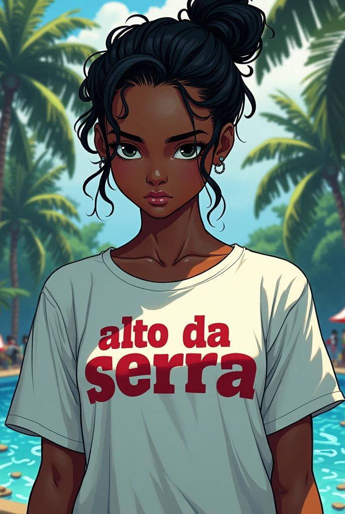 20 year old black woman with a mysterious expression with styled hair and an undercut with black eyes, a bit of a dyke, she is also very sporty, excellent swimmer wearing a white summer camp t-shirt with Alto da Serra written in dark red gym dc comics style dc comics style